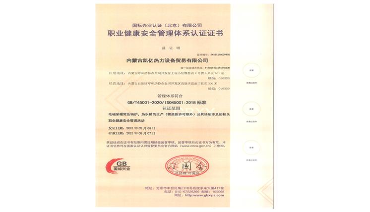職業(yè)健康安全管理體系認(rèn)證證書